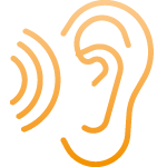 Piktogramm eines Ohres als Symbol für niedrige Schallemissionen in Innenräumen.